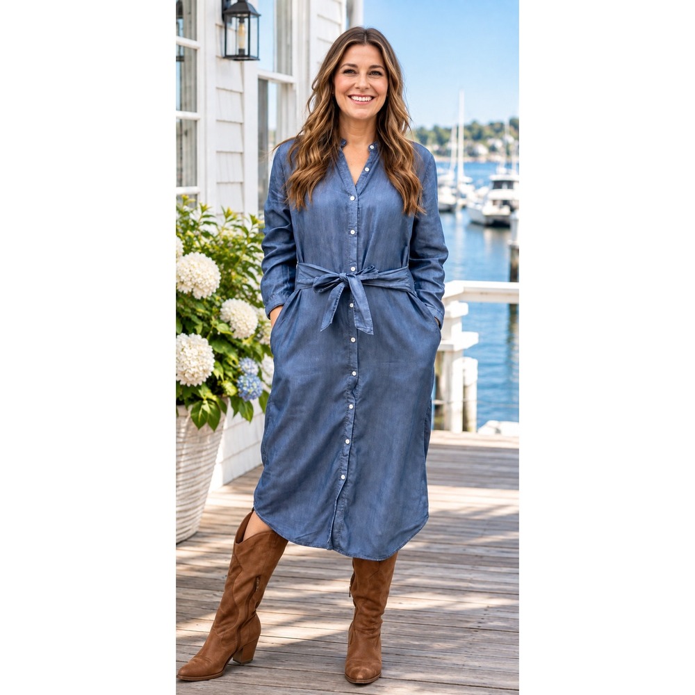 J McLaughlin Gladys Chambray Midi Shirt Dress S Belt Coastal Preppy Quiet Luxury